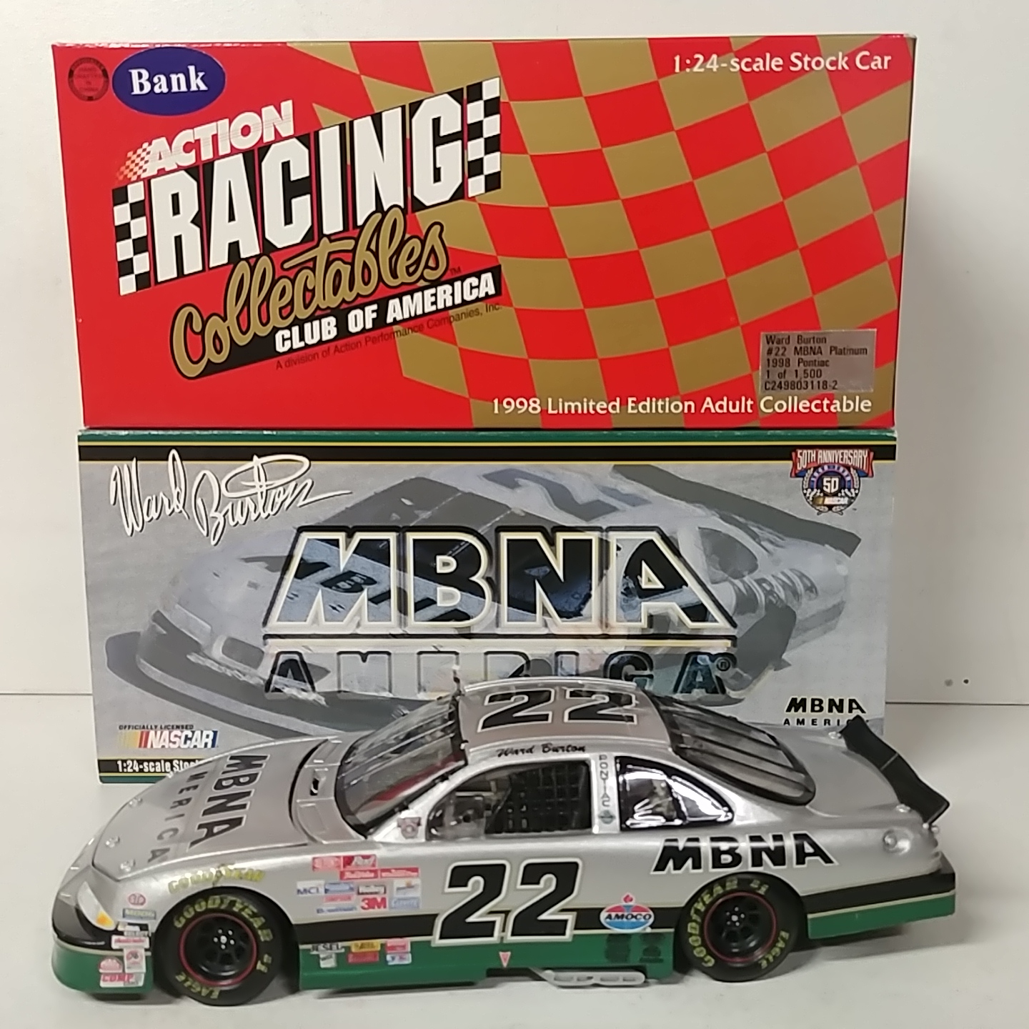 1998 Ward Burton 1/24th MBNA Platinum c/w bank Pontiac