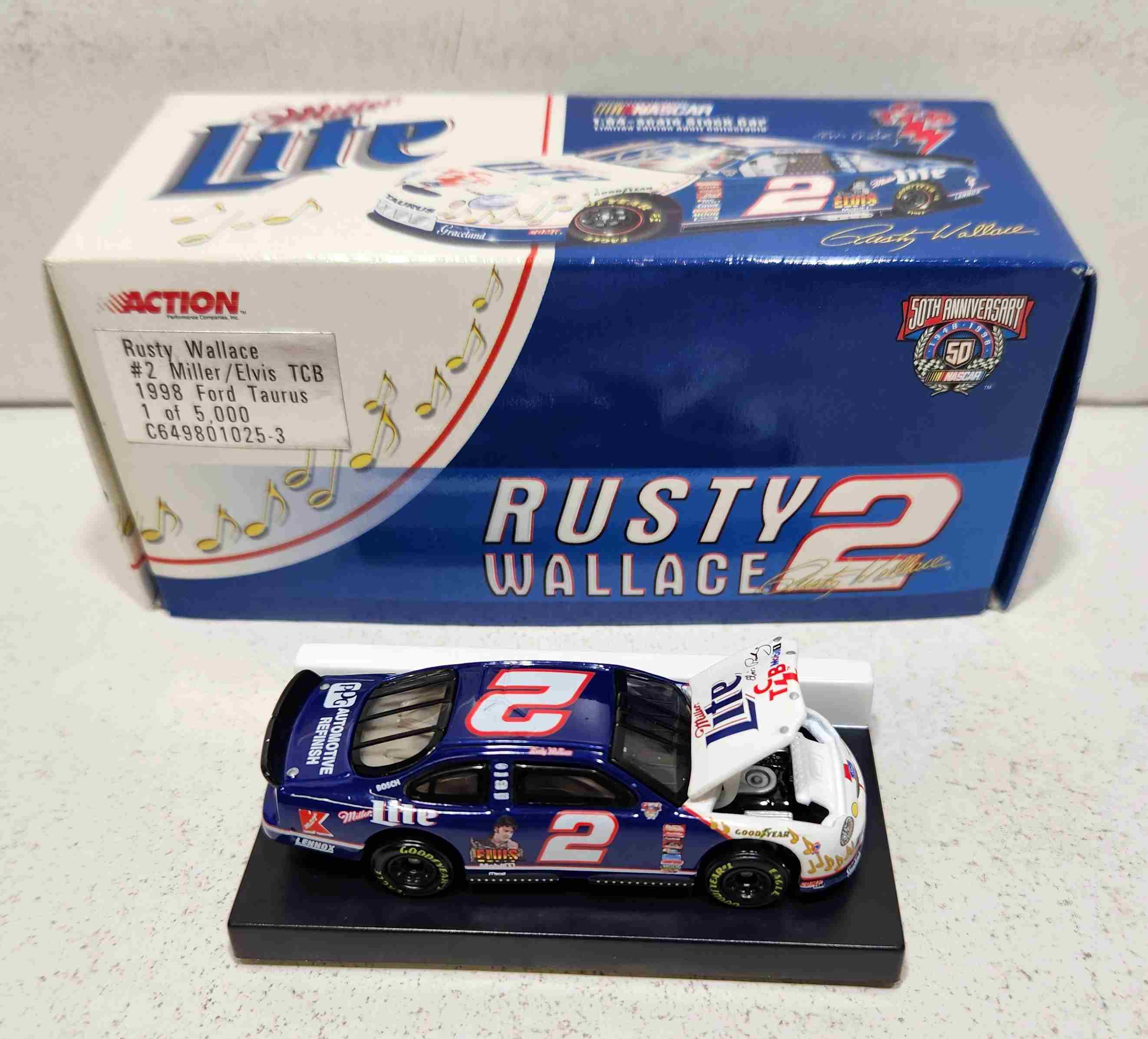 1998 Rusty Wallace 1/64th Miller Lite "Elvis TCB" hood open Taurus