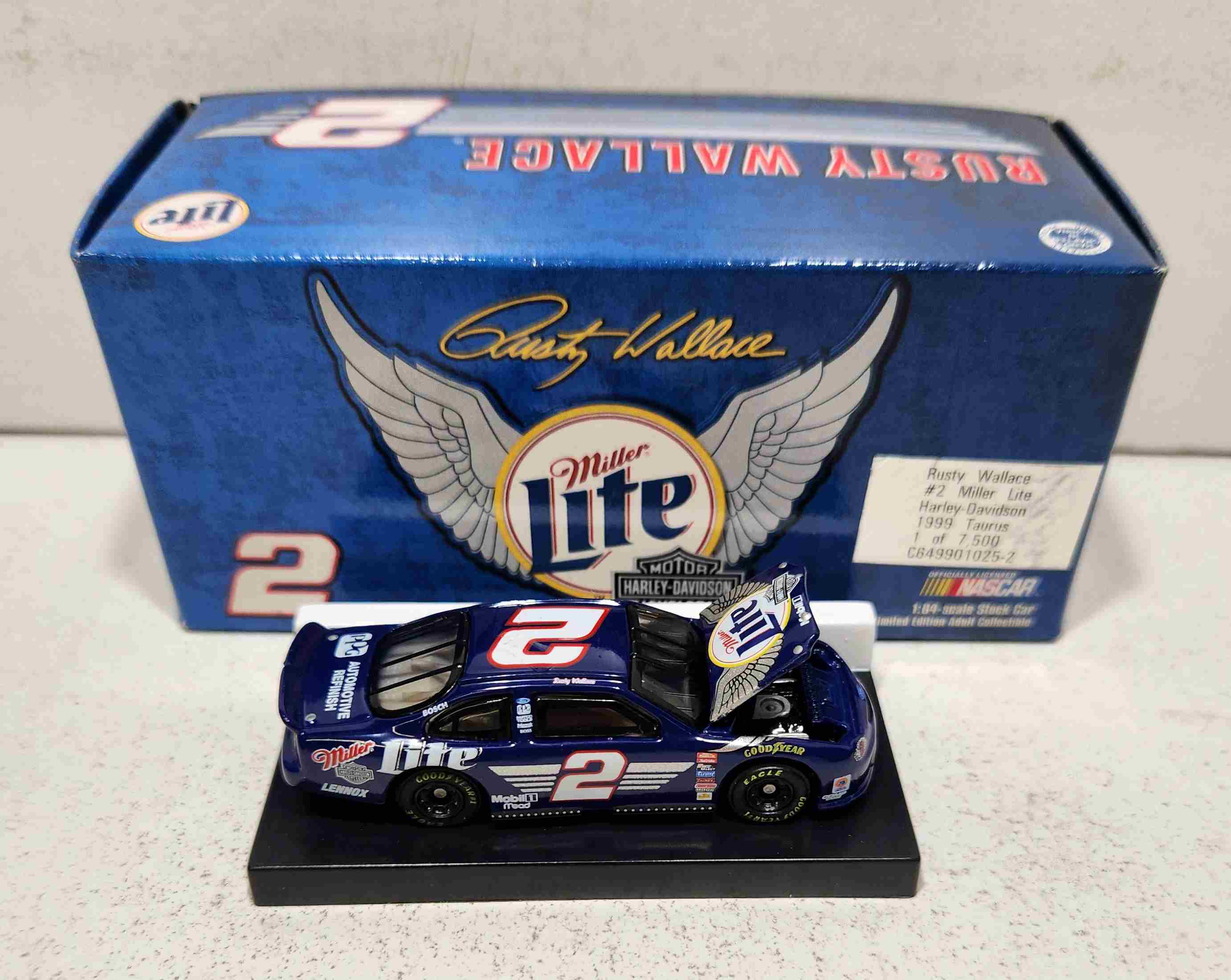 1999 Rusty Wallace 1/64th Miller Lite "Harley Davidson" RCCA hood open Taurus