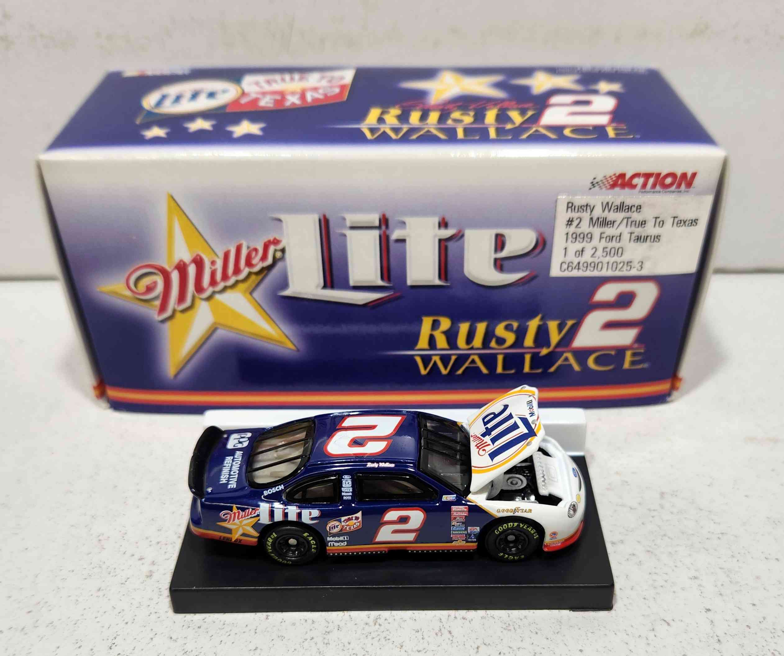 1999 Rusty Wallace 1/64th Miller Lite "True 2 Texas" RCCA hood open Taurus