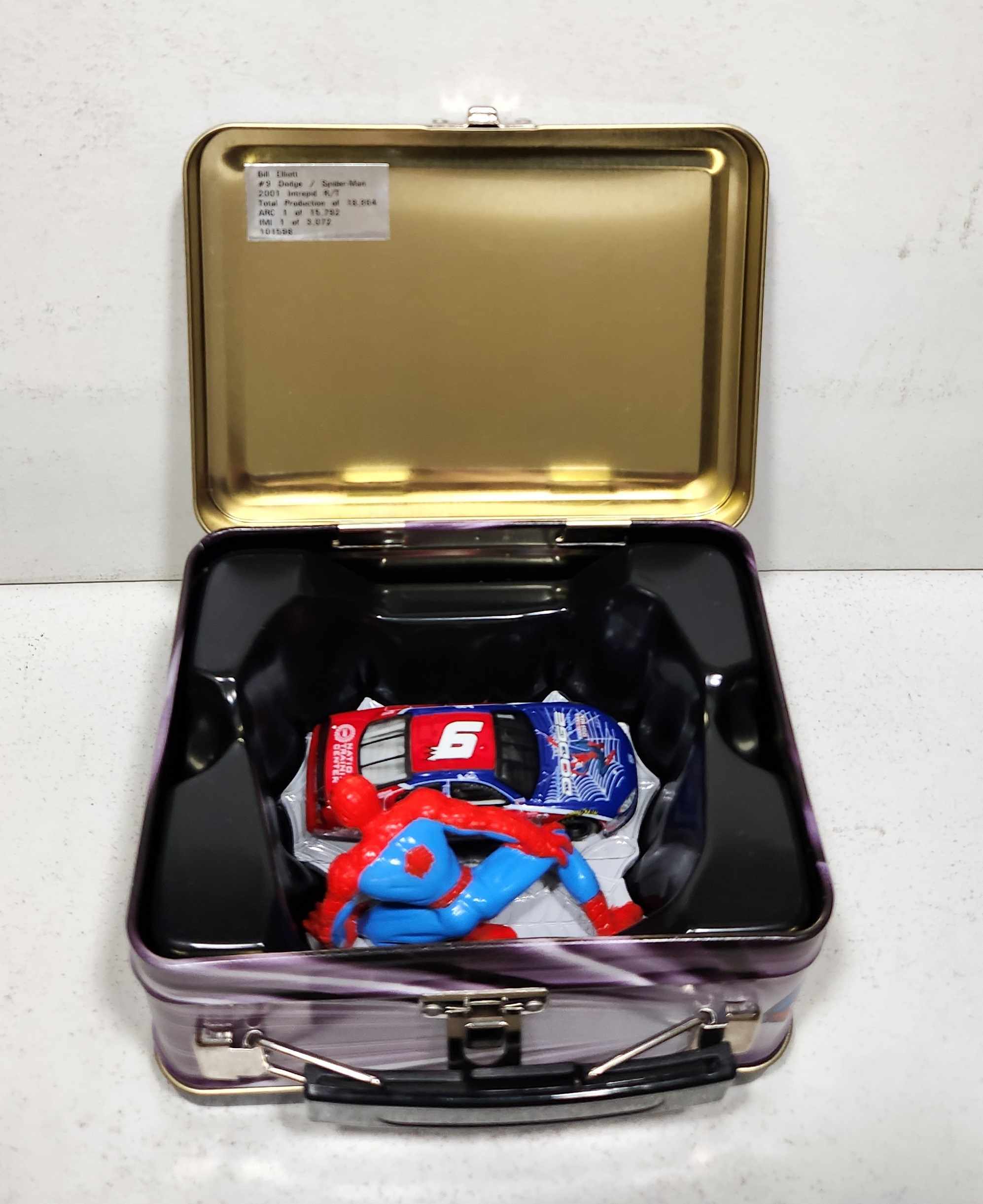 2001 Bill Elliott 1/64th Dodge Dealers "Spiderman" Intrepid in lunch box with figure