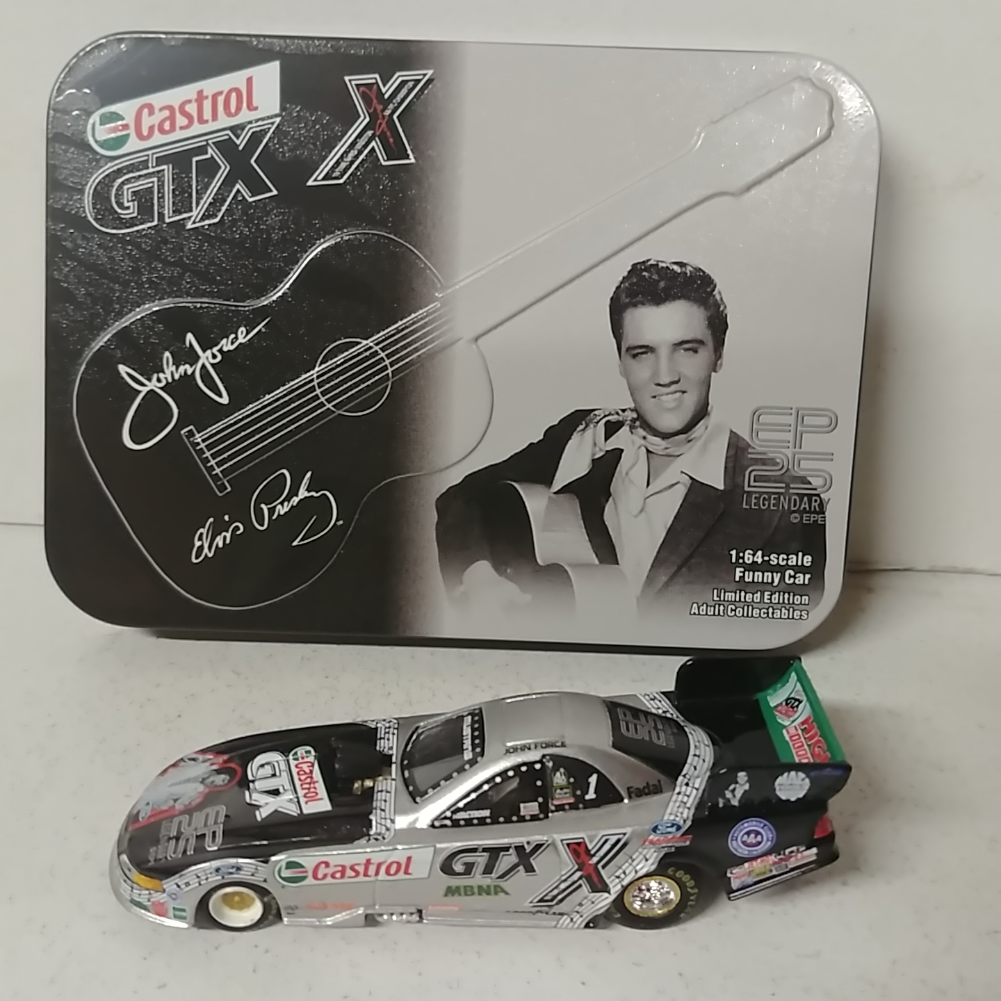 2002 John Force 1/64th Castrol GTX "Elvis" Mustang funny car in tin