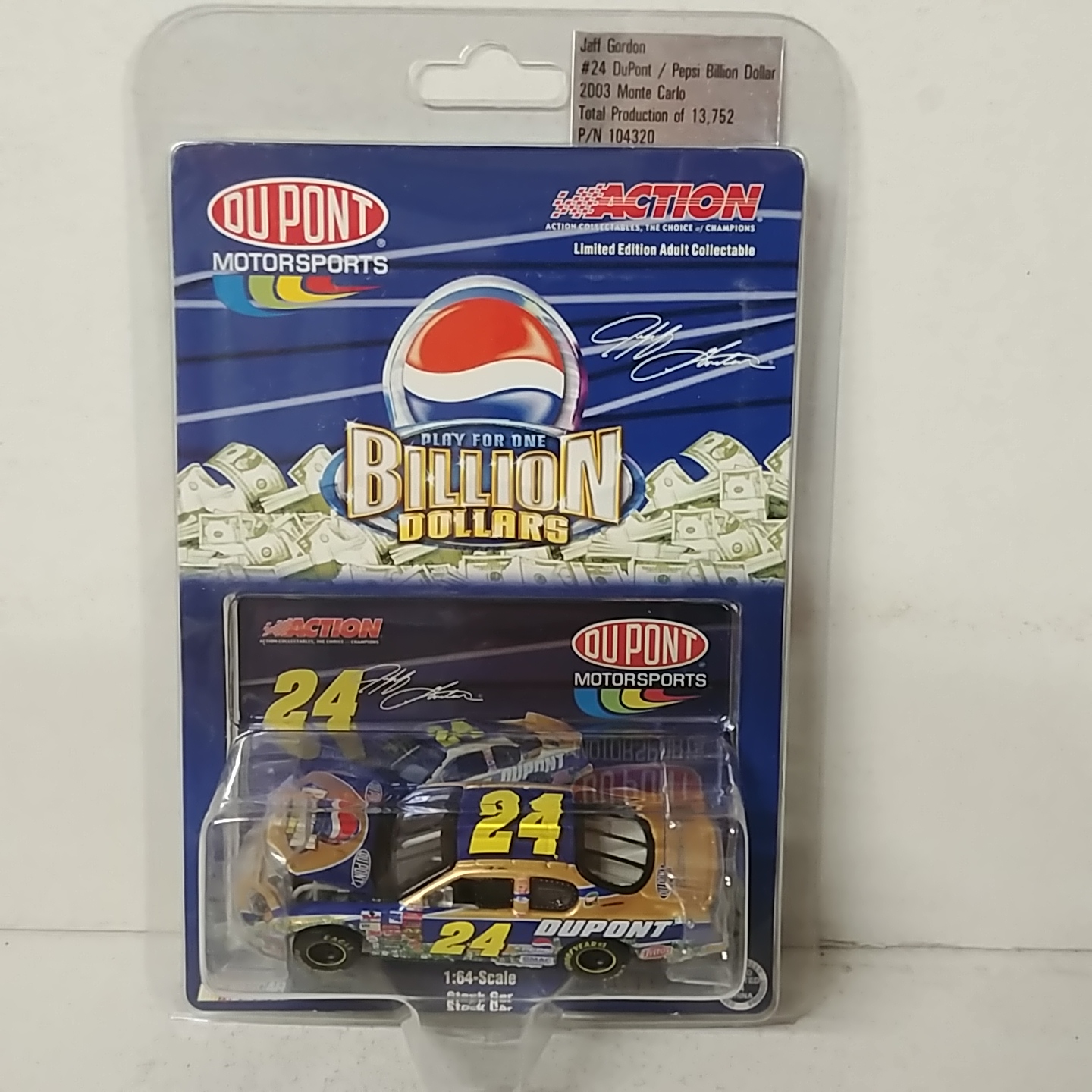 2003 Jeff Gordon 1/64th Dupont/Pepsi  "Daytona" "Billion Dollars" ARC hood open Monte Carlo