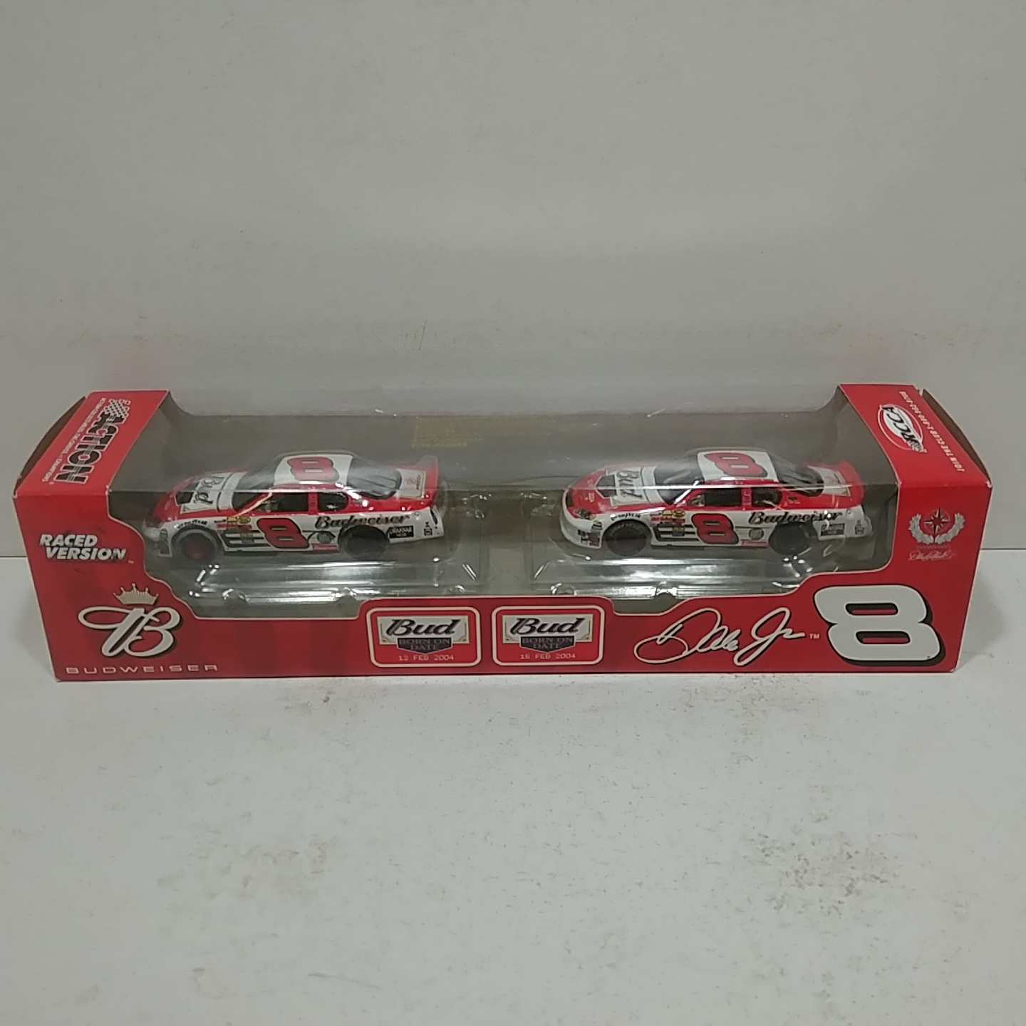 2004 Dale Earnhardt Jr 1/64th Budweiser BOD "Twin 125 and Daytona Win" hood open 2 car set