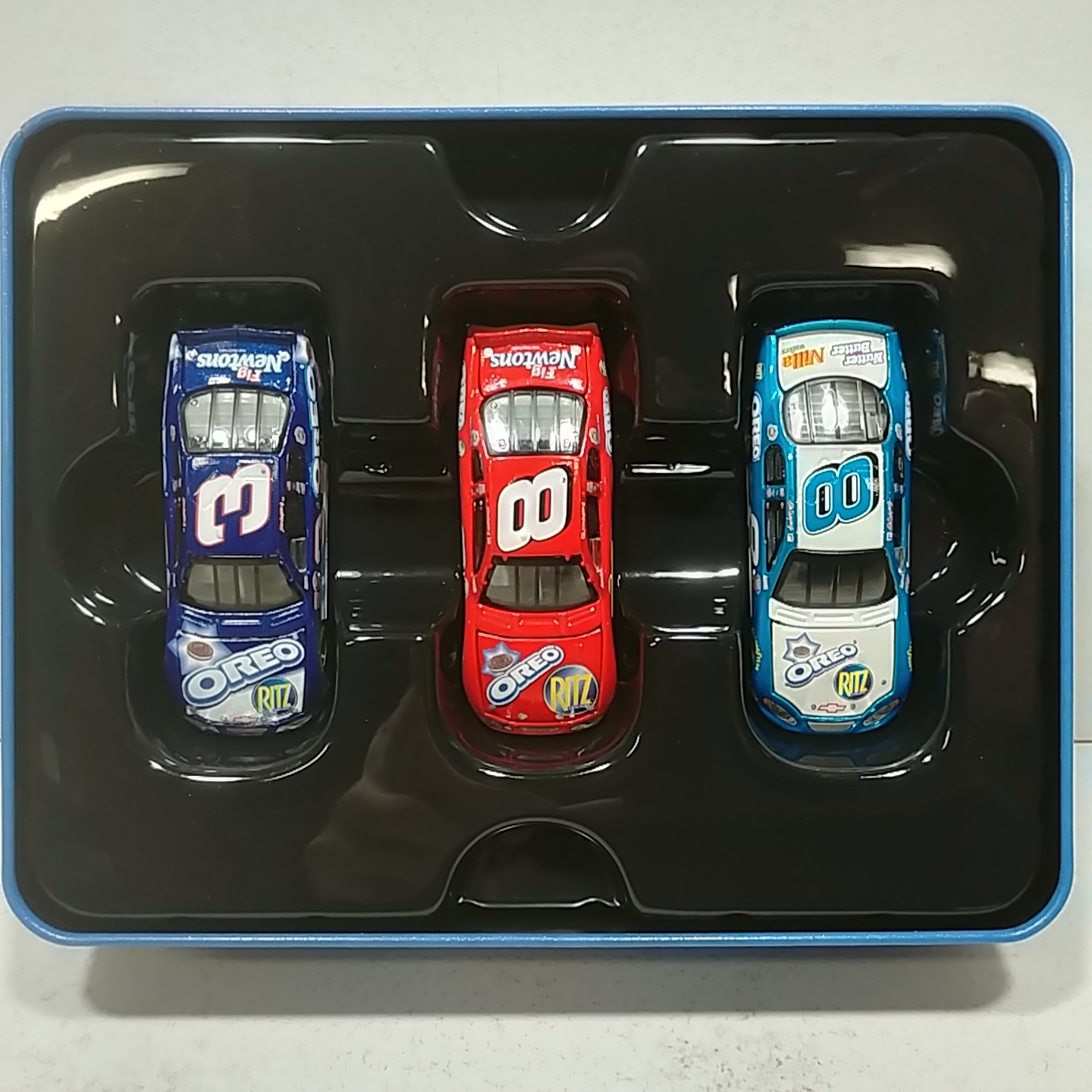 2004 Dale Earnhardt Jr 1/64th Oreo Ritz "Busch Series" RCCA Hood Open 3 car set in tin