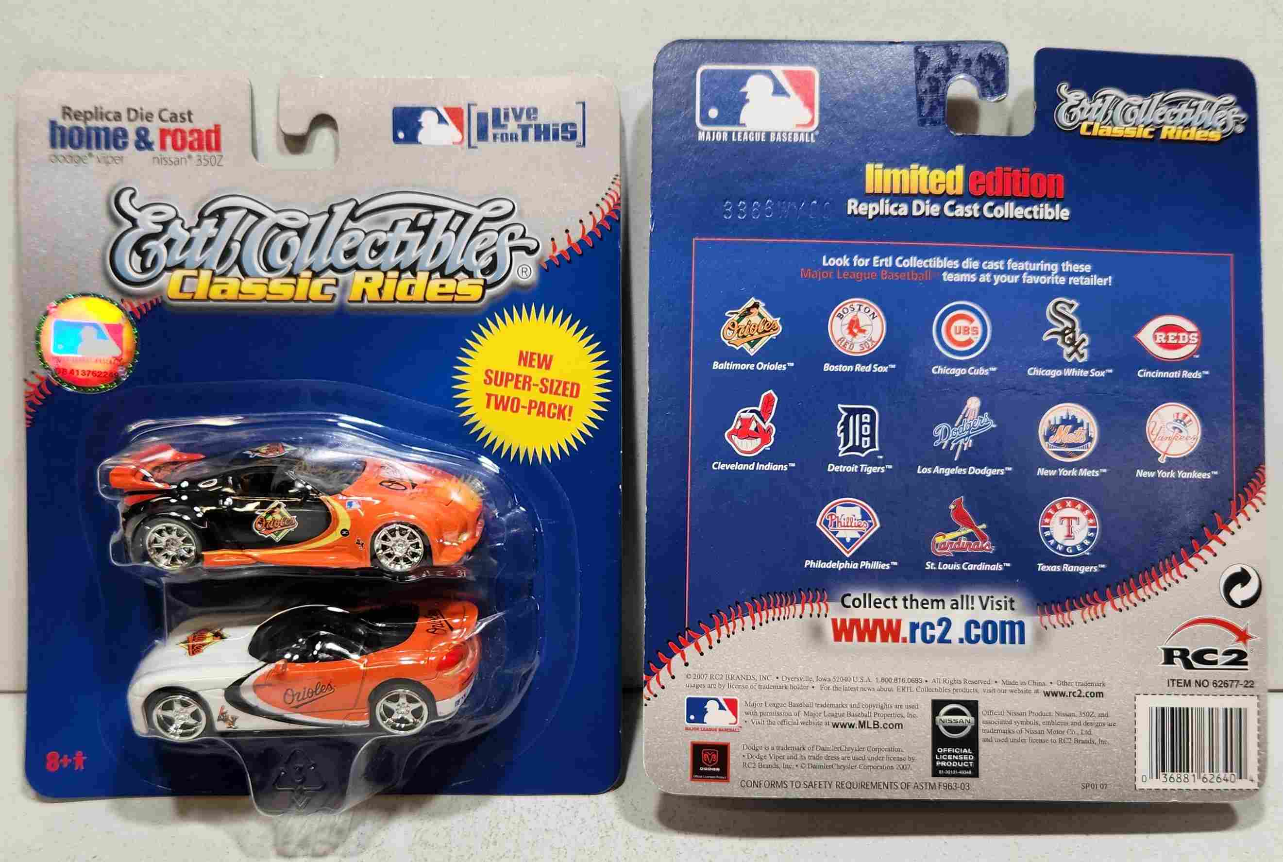 2007 Baltimore Orioles 1/64th Home & Road 2 car set Dodge Viper Nissan 350Z by Ertl